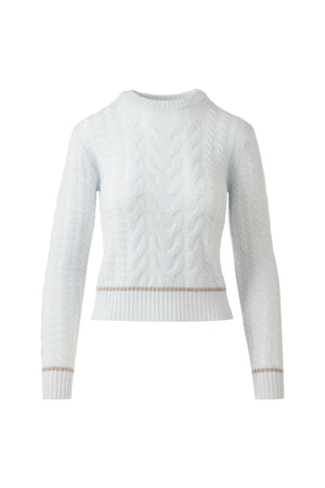 The KINROSS Plaited Tipped Cable Crew Neck Cashmere Sweater features a light pink 100% cashmere cable-knit design with long sleeves and ribbed cuffs and hem, shown on a white background.