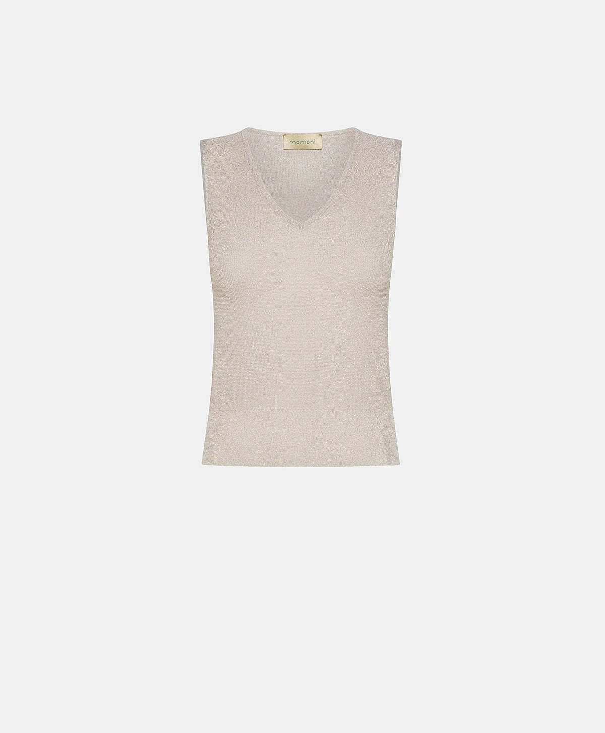 Crafted from luxe lurex viscose yarn, the MOMONI IXORA Knit V Neck Tank is a sleeveless gold shimmery top with a plain background, made in Italy.