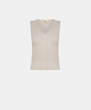 Crafted from luxe lurex viscose yarn, the MOMONI IXORA Knit V Neck Tank is a sleeveless gold shimmery top with a plain background, made in Italy.