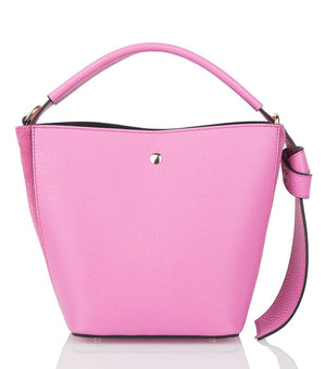 Introducing the SMALL LEATHER BUCKET HANDBAG by LE BORSETTE: This sleek white handbag boasts a structured design with a single top handle and detachable crossbody straps. With its minimalistic style and tiny gold accent on the front, its clean lines and smooth texture provide a modern, sophisticated look.