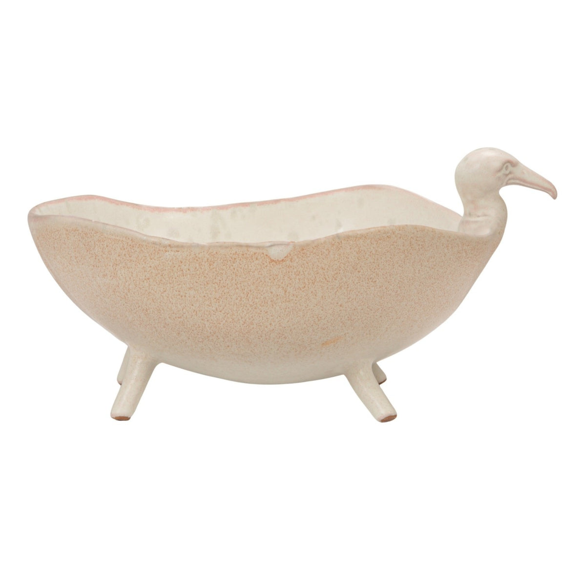 A close-up of the CREATIVE COOP WHITE SPECKLED BIRD-SHAPED STONEWARE FOOTED BOWL, featuring a gull-inspired design with a long beak and a smooth beige and light brown reactive glaze.