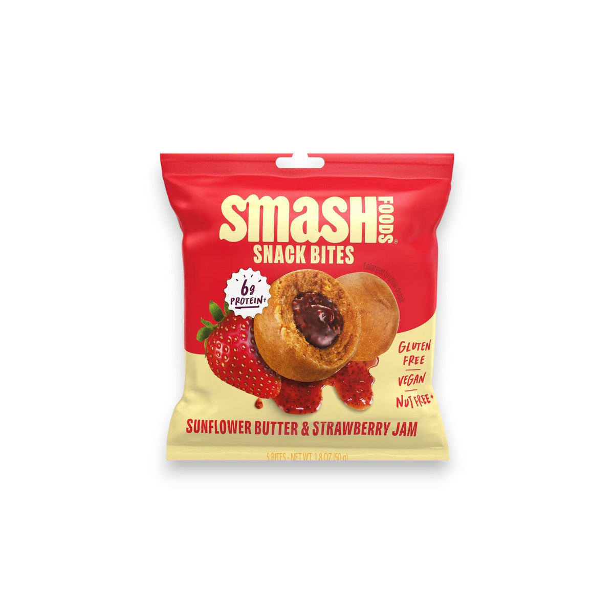 Introducing our CHIA SMASH - SUNFLOWER BUTTER AND STRAWBERRY SNACK BITES, a gluten-free, protein-packed treat with simple ingredients like sunflower seeds and dates for a delightful on-the-go snack.