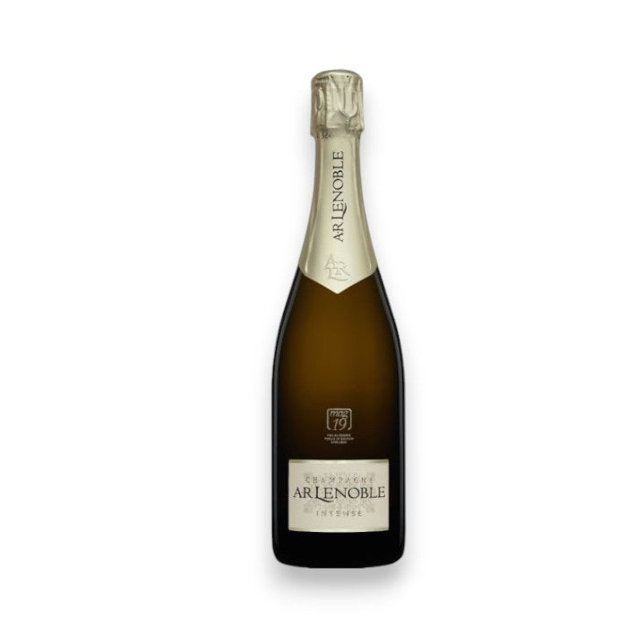 A dark glass bottle of A.R. Lenoble &#39;Intense - Mag 19&#39; Champagne features elegant branding by Wine: Advintage, with light-colored foil around the cork. It offers swift delivery, including to North Carolina, and stands out against a crisp white background.