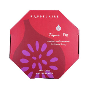 A round pink French-milled BAUDELAIRE soap, embossed with "Provence Santé" and "200 g," enriched with a subtle fig fragrance, is set against a plain white background.