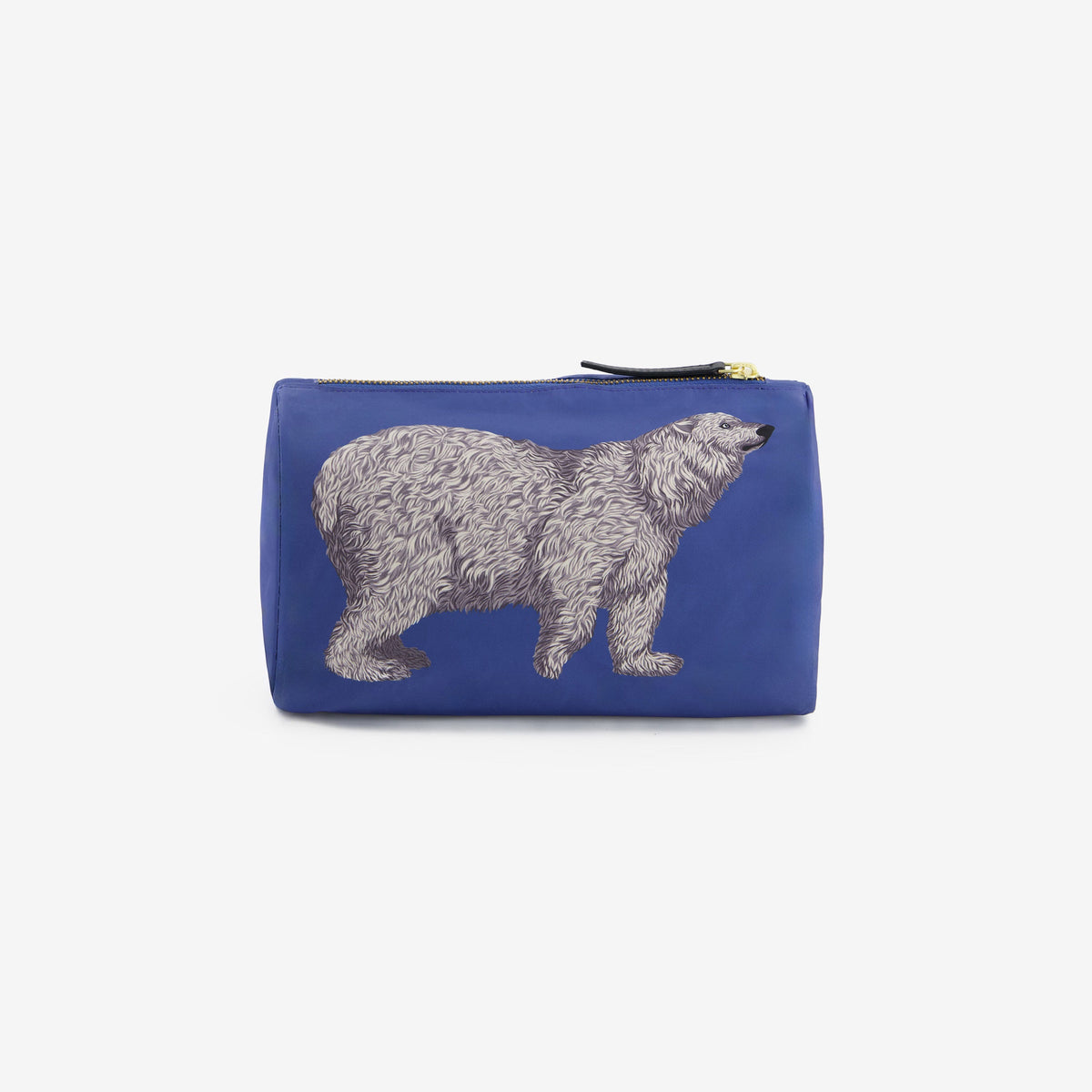 The INOUI EDITIONS - BEAR COSMETIC POUCH by INOUI is a blue zippered pouch made in India, featuring a detailed illustration of a brown bear walking, shown against a plain white background.