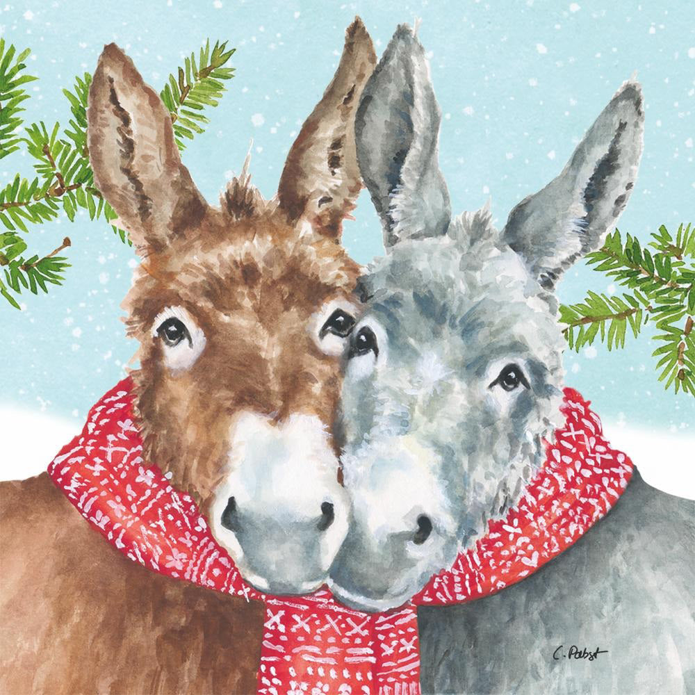 Dana &amp; Don, a brown and a gray donkey, snuggle in a red scarf amid snowy evergreens—these festive PAPER PRODUCTS DESIGN Dana &amp; Don Beverage Napkins add cozy cheer to any winter gathering.