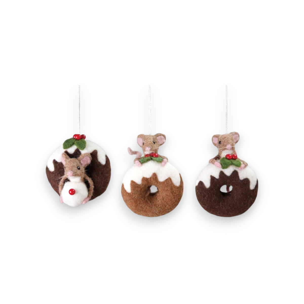 The CREATIVE COOP HANDMADE FELT MOUSE ON DOUGHNUT features a charming wool felt mouse with pink ears sitting atop a chocolate doughnut ornament decorated with holly. Set includes three handmade ornaments.