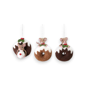 The CREATIVE COOP HANDMADE FELT MOUSE ON DOUGHNUT features a charming wool felt mouse with pink ears sitting atop a chocolate doughnut ornament decorated with holly. Set includes three handmade ornaments.