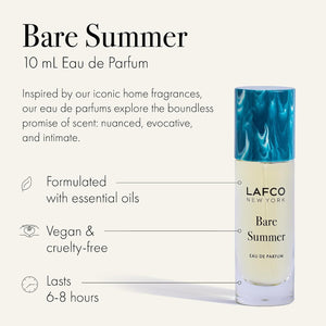 A clear glass perfume bottle labeled “LAFCO - FINE FRAGRANCE, BARE SUMMER 10ML” from LAFCO, topped with a turquoise marbled cap, this essential oil fragrance features an elegant blend that’s both refreshing and modern.