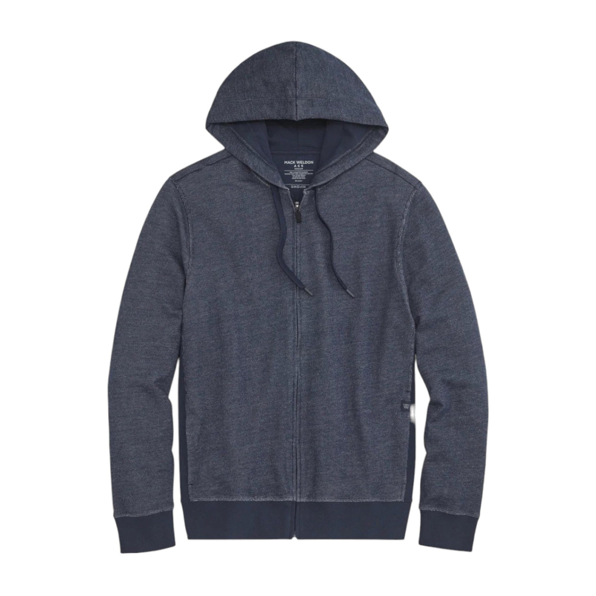 The MACK WELDON Ace Full-Zip Sweatshirt in True Navy (Bird’s Eye) is shown flat on a black background, featuring a drawstring hood and long sleeves.