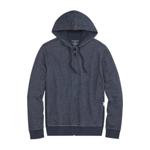 The MACK WELDON ACE Full-Zip Sweatshirt in True Navy Bird's Eye features a drawstring hood, long sleeves, and ribbed cuffs and hem—ideal men's loungewear—shown on a plain white background.