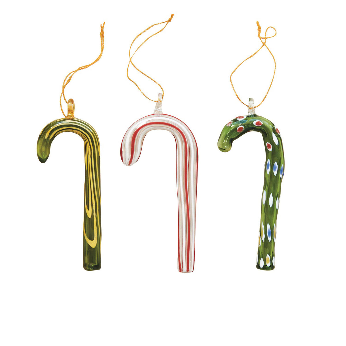 The CREATIVE COOP GLASS CANDY CANE ORNAMENT set features three festive styles—green with yellow swirls, white with red stripes, and green with colorful dots—all with hanging loops, perfect for holiday decorating.