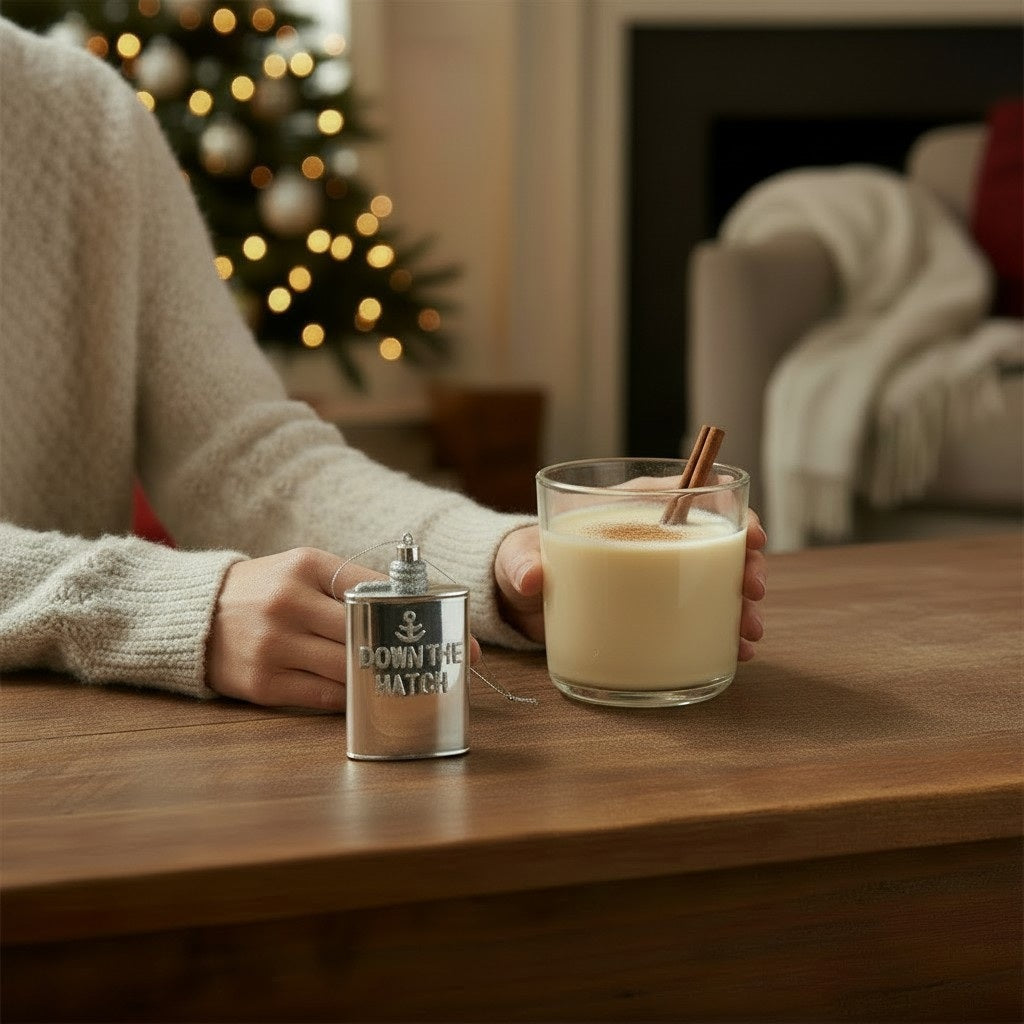 Cody Foster GLASS SILVER FLASK ORNAMENT shaped like a flask, featuring an anchor icon and the glittery silver text “DOWN THE HATCH” to celebrate holiday spirits.