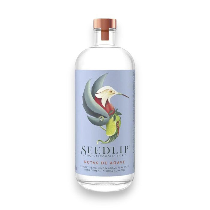 SEEDLIP - NOTAS DE AGAVE NON ALCOHOLIC SPIRIT by SEEDLIP DRINKS comes in a clear bottle with a copper cap and a vibrant bird and fruit label on a light blue background—an ideal non-alcoholic option.