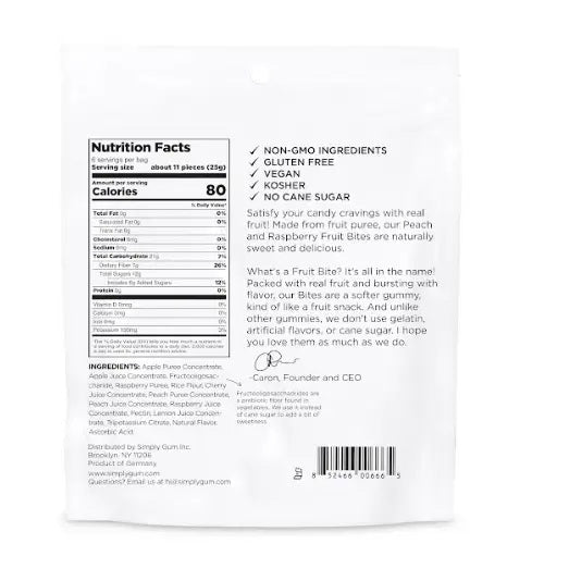A 5.3oz bag of SIMPLY GUM - REALLY REAL PEACH RASPBERRY GUMMIES features images of raspberries, peach slices, and gummy candies on a white background. The packaging highlights non-GMO and plant-based qualities, is made with real fruit, and contains no artificial flavors.