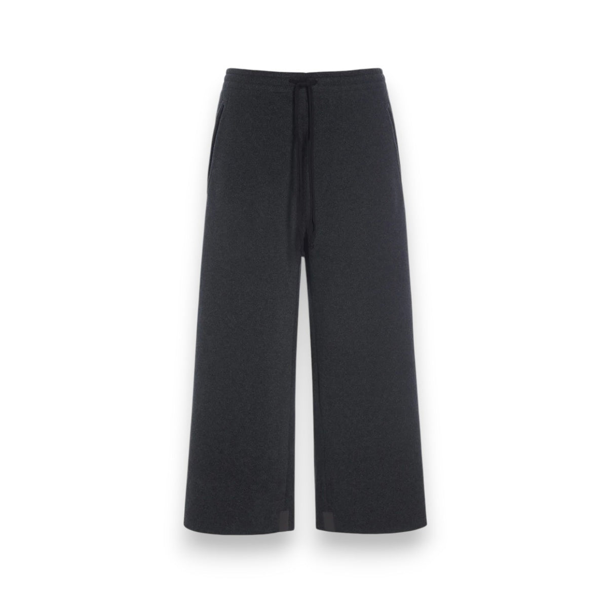 HENRIETTE STEFFENSEN - FLEECE FLARED CROPPED TROUSER: Black wide-leg fleece pants with an elastic waistband, front drawstring, and side pockets by HENRIETTE STEFFENSEN, shown against a white background.
