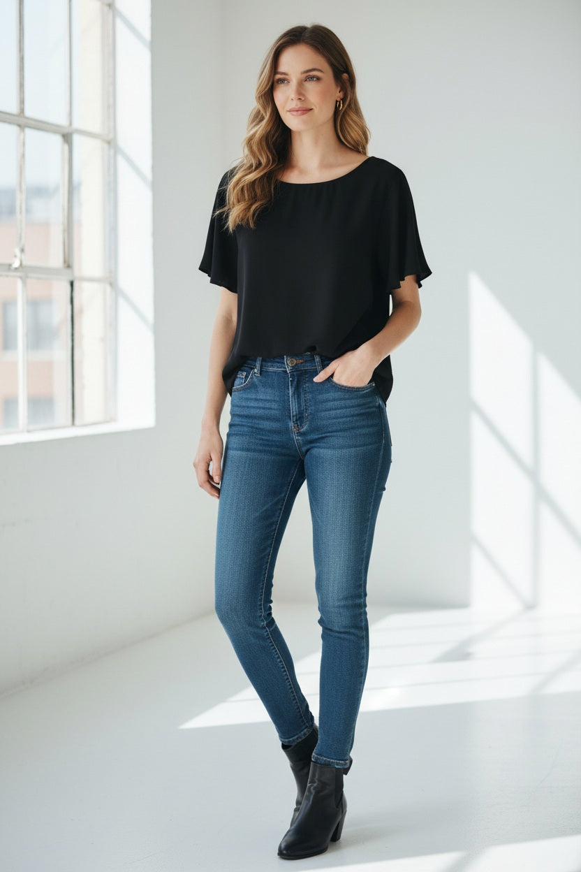 A woman with long, wavy blonde hair models the MEIMEIJ FLUTTER SLEEVE BLOUSE, paired with bold black floral print pants. The refined look is effortless and perfect for washable silk styles, set against a light textured background.