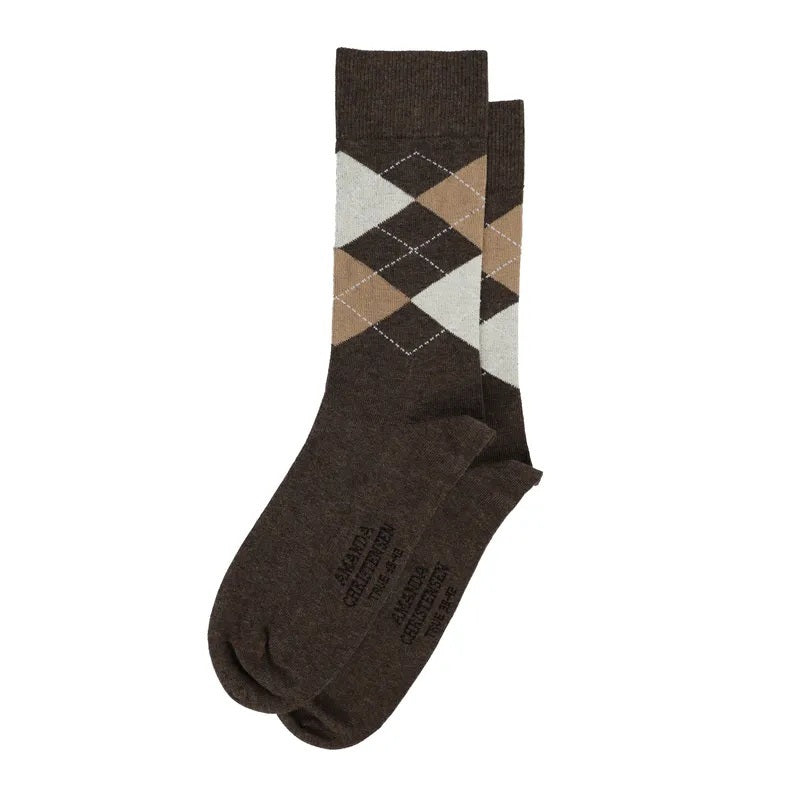 AMANDA CHRISTENSEN - TRUE ARGYLE MID-CALF SOCKS IN BROWN MELANGE, a pair of mid-calf socks in brown with a classic cream and tan argyle pattern.