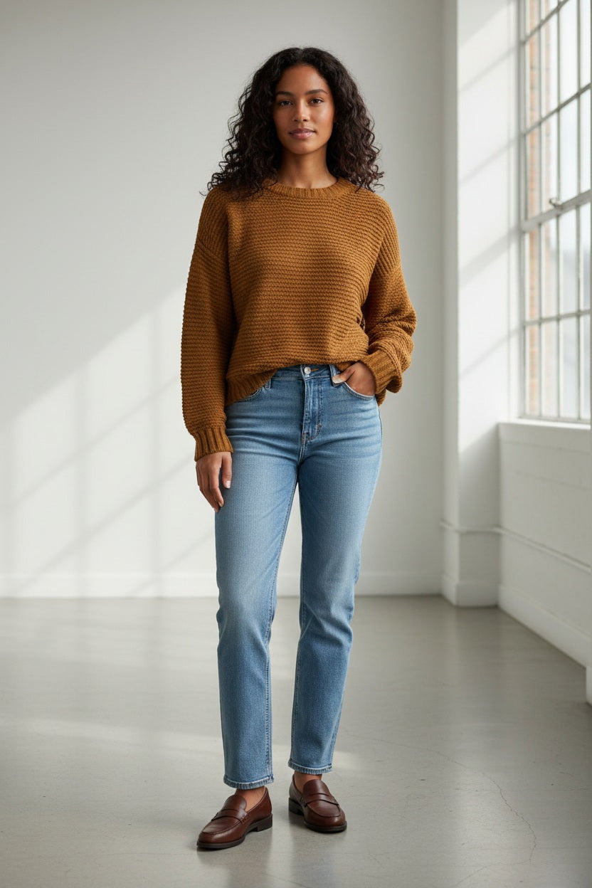 A woman with wavy blonde hair wears a BASE MILANO - CREWNECK COTTON BLEND SWEATER in a relaxed fit and blue jeans, standing against a plain light background as she looks down and gently pulls up one sleeve.