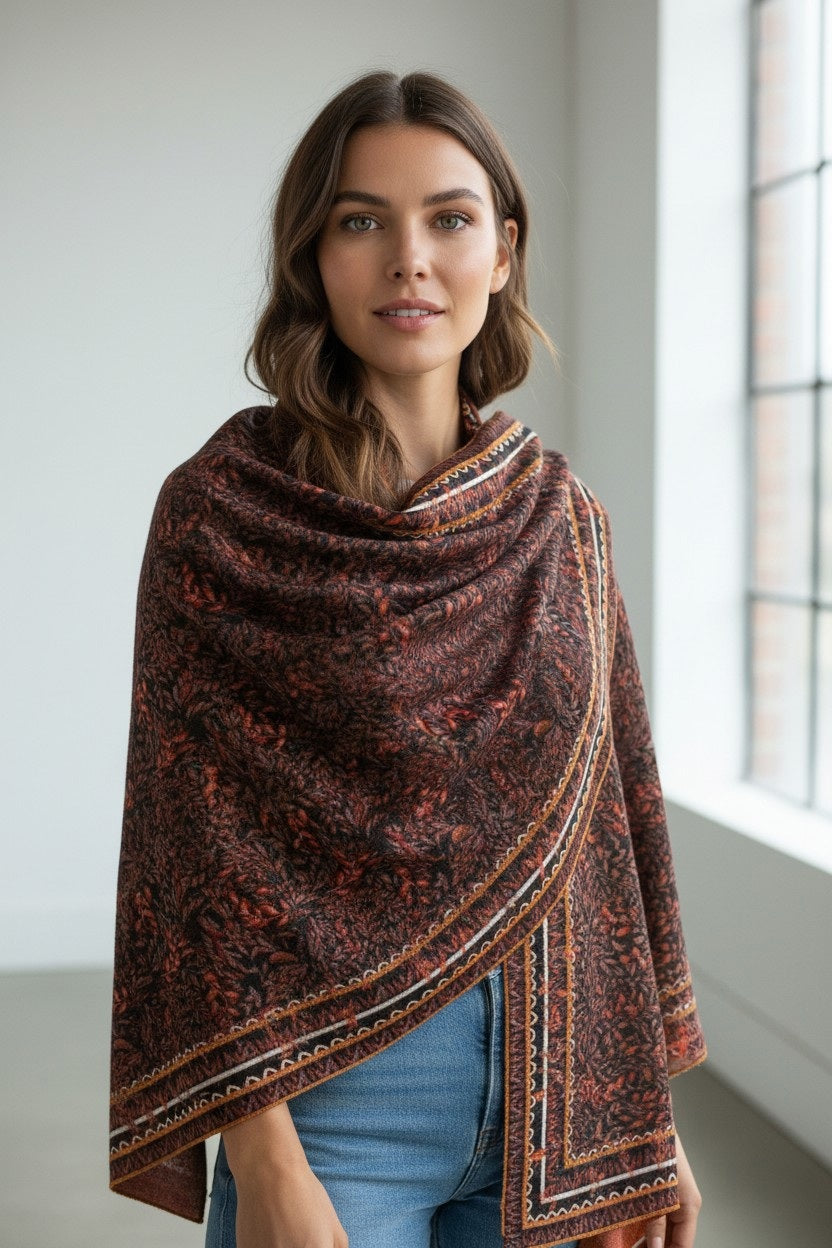 A woman with wavy brown hair stands near a large window in a bright, minimal room, wearing the FRANCO FERRARI - CALVIN WOOL SCARF 135X195—featuring red and orange accents—draped over a beige top and blue jeans.