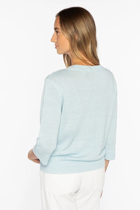 Close-up of the KINROSS CASHMERE - ELBOW SLEEVE LINEN PULLOVER by KINROSS, highlighting its brown 100% linen knit with detailed vertical stitches and interlocking loops for a soft, textured look.