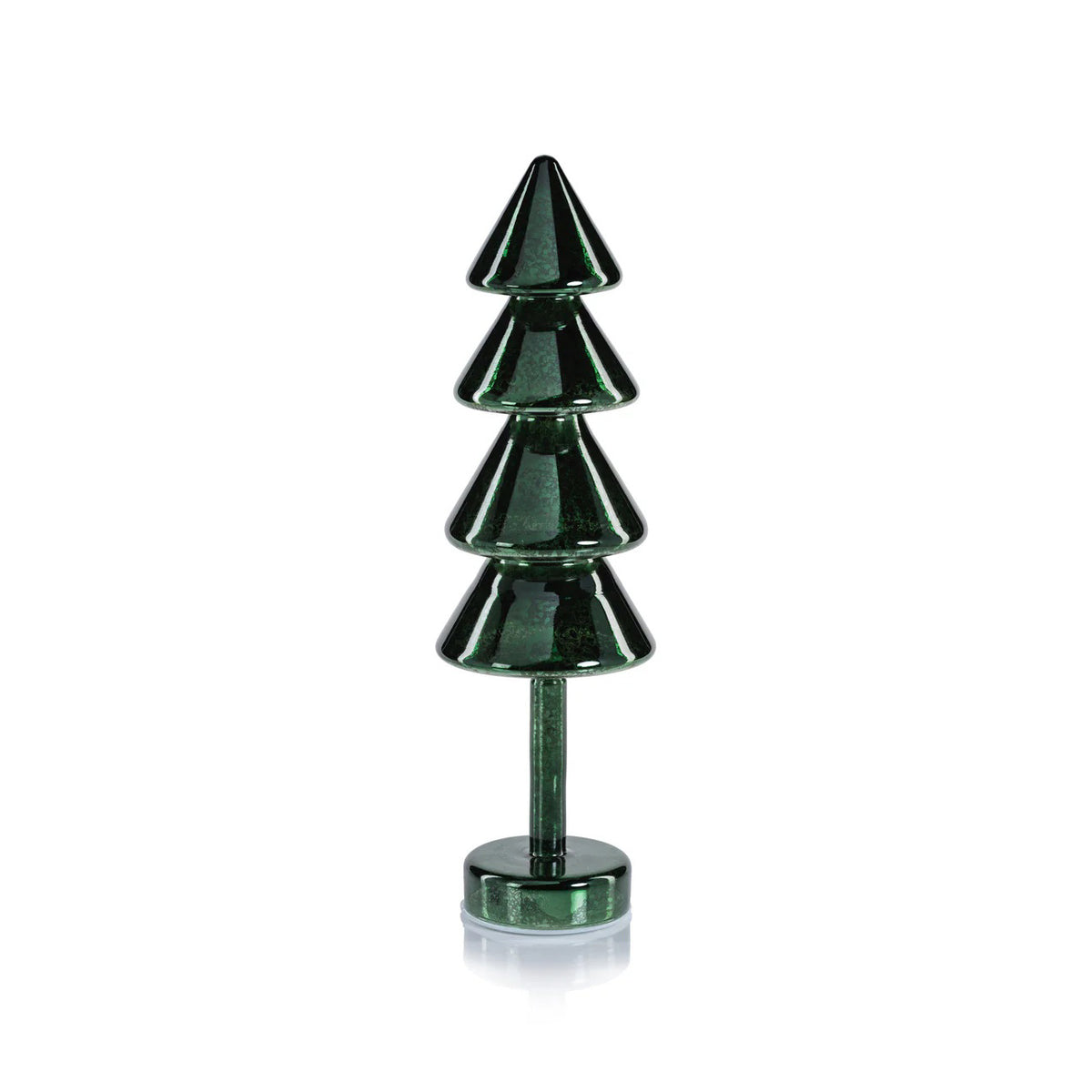 The ZODAX NOEL SPARKLE SPRUCE LED TREE features a glossy dark green, stylized stacked-cone design on a round base with subtle glass LED lights, displayed against a white background.