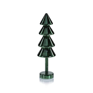 The ZODAX NOEL SPARKLE SPRUCE LED TREE features a glossy dark green, stylized stacked-cone design on a round base with subtle glass LED lights, displayed against a white background.