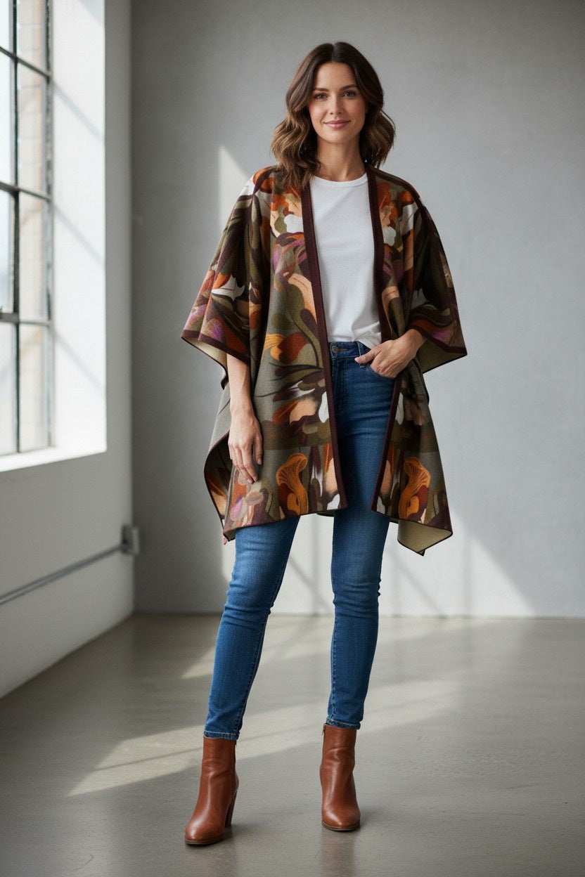 A woman stands indoors in front of large windows with natural light streaming in, wearing jeans, brown ankle boots, a green top, and the FRANCO FERRARI - WOOL CAPE by FRANCO FERRARI—a stylish piece perfect for lightweight layering.