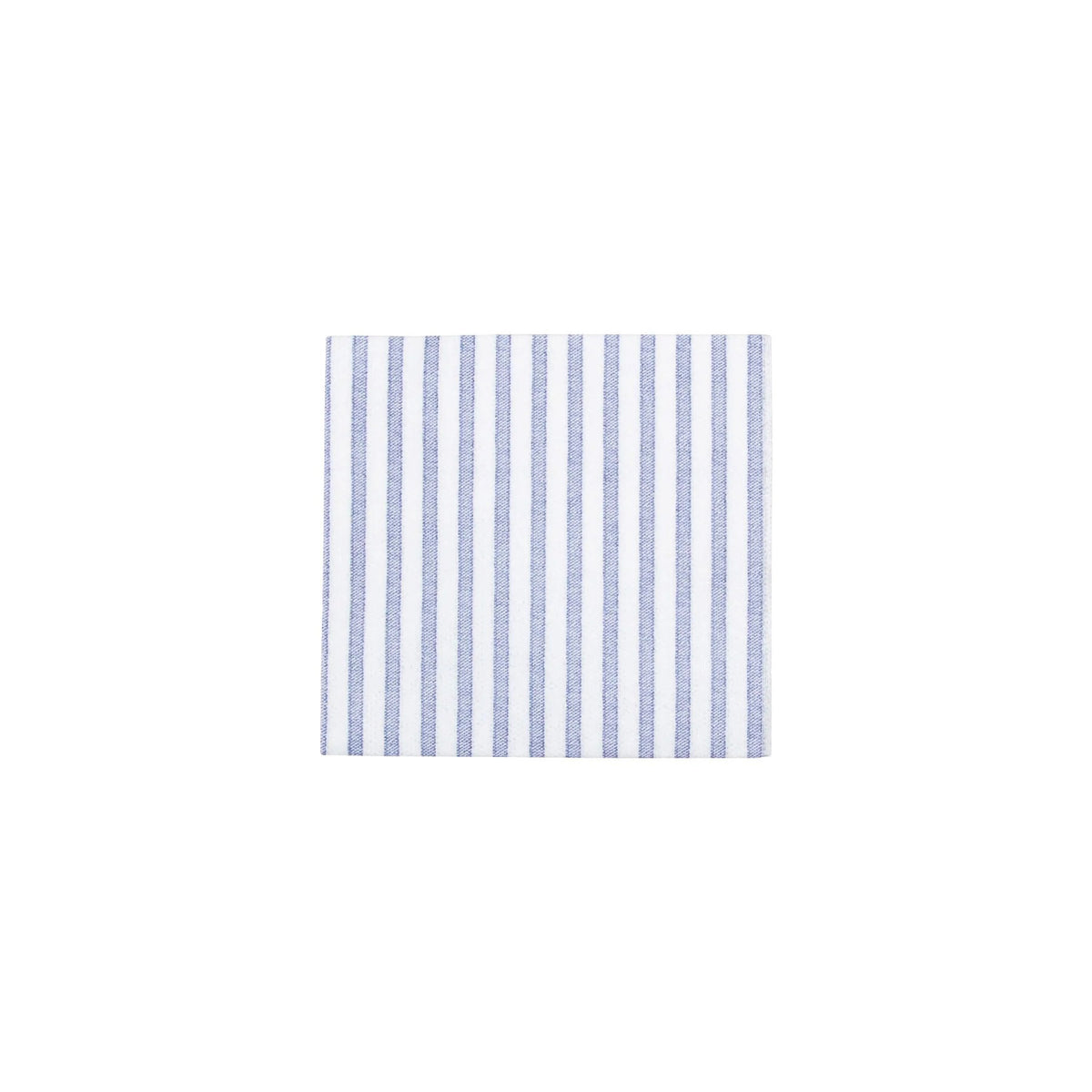 The VIETRI - CAPRI BLUE BEVERAGE NAPKIN, crafted from spunlace, features vertical blue and white stripes. It&#39;s perfect as a stylish and highly absorbent cocktail napkin.