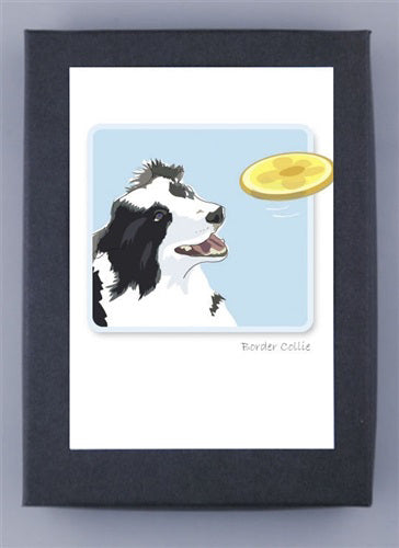 The PAPER RUSSELLS "Border Collie &amp; Frisbee" note card features an illustration of a Border Collie with its mouth open, eagerly looking at a flying yellow frisbee against a light blue background. The words "Border Collie" are written in small text below the illustration, and the card is printed on FSC-certified recycled paper.