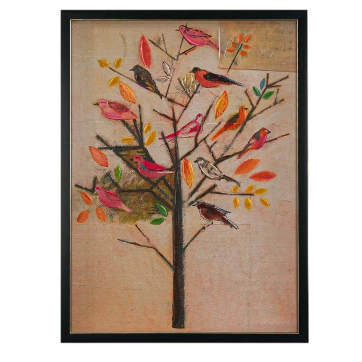 A potted green tree stands beside a white wall decorated with CREATIVE COOP’s FRAMED CANVAS WALL ART WITH HAND-PAINTED BIRDS, featuring a yellow birdcage and perched bird.