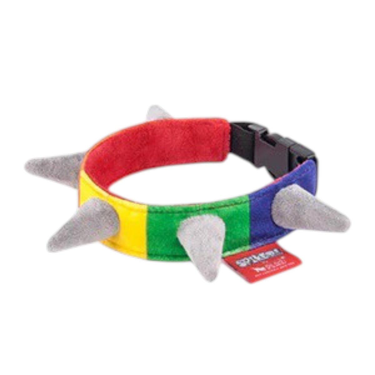 The PLAY PET LIFESTYLES SPIKED RAINBOW COLLAR (L) is a colorful, eco-friendly dog collar with rainbow stripes, soft gray plush spikes, and a black buckle clasp, shown against a white background. This machine-washable spiked plush collar offers easy care for pet owners.