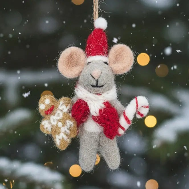 CHRIS MOUSE ORNAMENT by FELT SO GOOD, a needle-felted mouse wearing a Santa hat and red scarf while holding a gingerbread cookie and a candy cane.