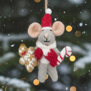 CHRIS MOUSE ORNAMENT by FELT SO GOOD, a needle-felted mouse wearing a Santa hat and red scarf while holding a gingerbread cookie and a candy cane.