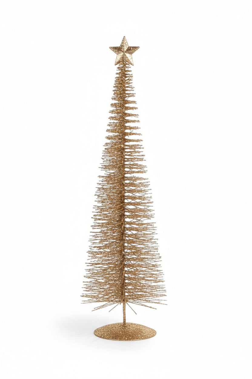 Five gold, tinsel-style TREASURE MOUNTAIN TREE 20″ decorative Christmas trees, structured like wire plant supports in varying heights with gold stars, arranged on a surface with wrapped gifts.