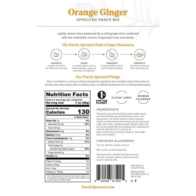 Here is an image of a snack package from the brand "PURELY SPROUTED." The PURELY SPROUTED - ORANGE GINGER SPROUTED SNACK MIX includes sprouted nuts, almonds, cashews, pumpkin seeds, candied orange, ginger bits, and protein crisps. The packaging emphasizes that it is gluten-free, vegan, and plant-based.
