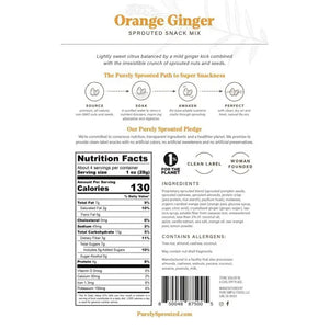 Here is an image of a snack package from the brand "PURELY SPROUTED." The PURELY SPROUTED - ORANGE GINGER SPROUTED SNACK MIX includes sprouted nuts, almonds, cashews, pumpkin seeds, candied orange, ginger bits, and protein crisps. The packaging emphasizes that it is gluten-free, vegan, and plant-based.