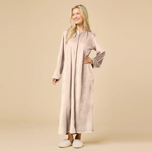 A long-sleeved, beige SOFTIES - SERENITY SHEAR MINK ZIP ROBE featuring a full-length zipper, round neckline, and two side pockets.