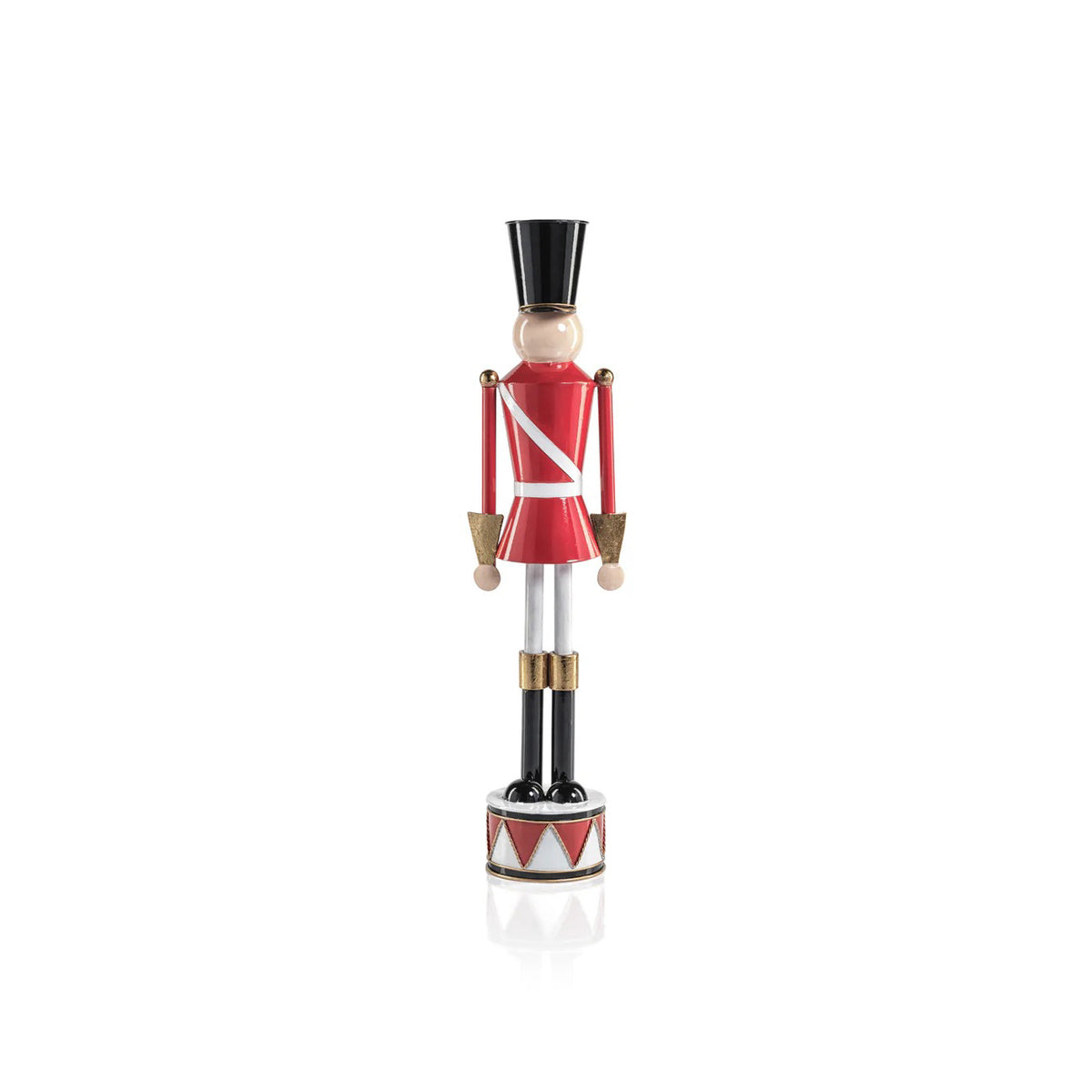 The ZODAX ALLOY FESTIVE DECORATIVE SOLDIER - SHORT features a red uniform with white stripes, black hat and boots, and stands on a round base with a red and white drum pattern; measures 4.5 x 17.75 inches for a striking display.