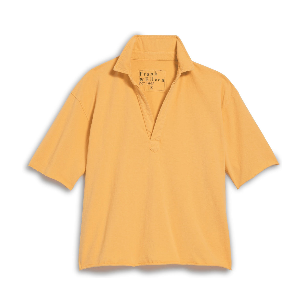 The FRANK &amp; EILEEN Patty Short Sleeve Popover Henley in Tangerine features a wide open collar and stitched neckline label, shown laid flat on a white background.