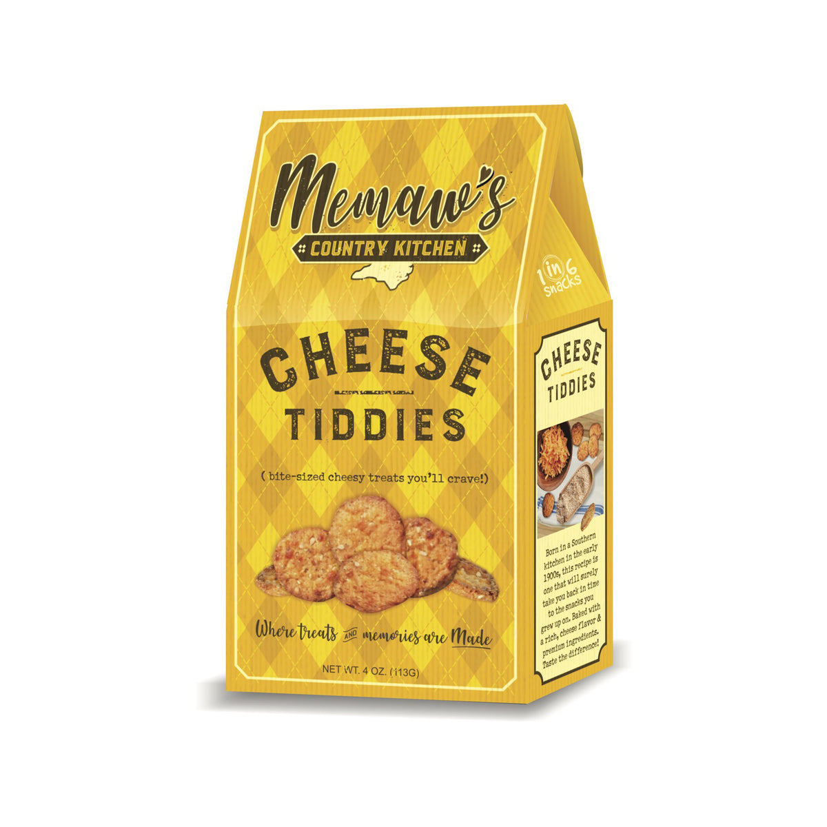 A yellow checkered box labeled "1 IN 6 SNACKS MEMAW'S COUNTRY KITCHEN CHEESE TIDDIES - bite-sized cheesy treats you'll crave!" featuring an image of cheese snacks and text about the product's nostalgic, homemade quality. Highlighting premium ingredients from a southern kitchen, the box is illuminated on a white background.
