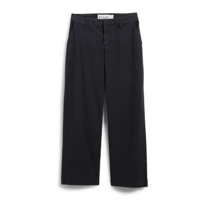 A pair of dark gray, wide-leg chinos from FRANK &amp; EILEEN&#39;s Westport collection, made with performance twill. They feature belt loops and a front button closure, designed for a mid-rise fit. Inside the waistband is a &quot;FRANK &amp; EILEEN&quot; label.