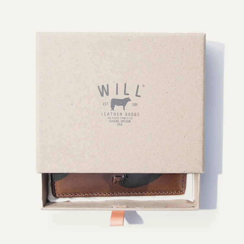 Two WILL LEATHER GOODS Military Pocket Card Cases in military green are shown on a light background: one features RFID-blocking protection with a transparent ID slot, while the other displays card slots and an embossed animal logo.