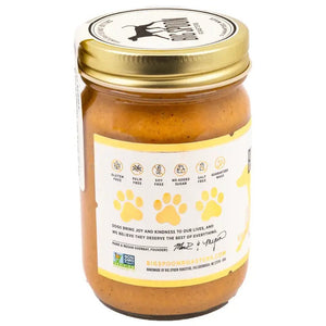 BIG SPOON ROASTERS WAG BUTTER VANILLA TATER is a handmade nut and peanut butter for dogs, with a gold lid and white label with yellow accents and a dog silhouette—an irresistible treat from BIG SPOON ROASTERS.