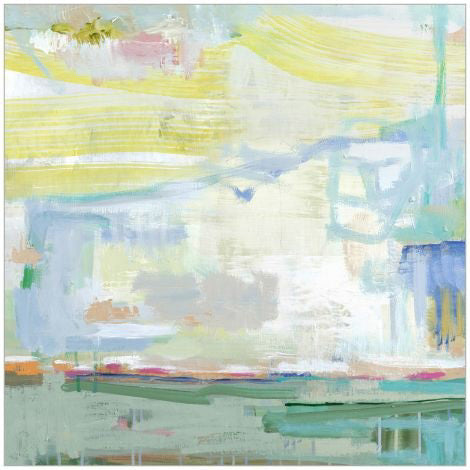 The COLOR AND ATMOSPHERE ARTWORK by WENDOVER is an abstract painting on gallery wrapped canvas that showcases a mix of soft pastel colors, primarily light greens, blues, yellows, and touches of pink. The composition includes wavy lines, brush strokes, and blended areas with a matte finish, evoking a serene, ethereal landscape.