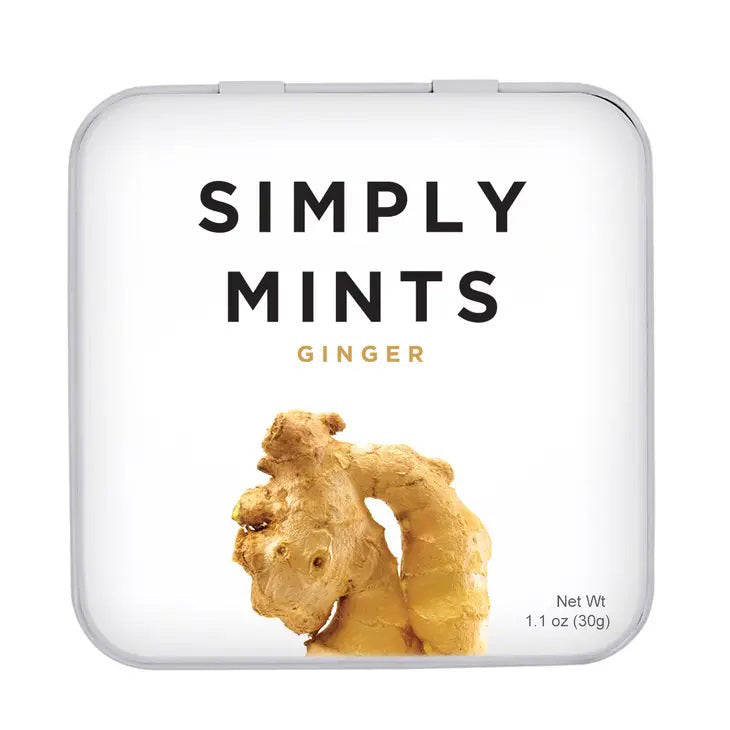 A square metal tin from SIMPLY GUM features a minimalist design with a white background. The words &quot;Simply Mints&quot; are displayed in black, and &quot;Ginger&quot; is highlighted in gold beneath it. Below the text, there’s an image of fresh ginger root, emphasizing its refreshing fall flavor. The tin has a net weight of 1.1 oz (30g).