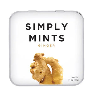 A square metal tin from SIMPLY GUM features a minimalist design with a white background. The words "Simply Mints" are displayed in black, and "Ginger" is highlighted in gold beneath it. Below the text, there’s an image of fresh ginger root, emphasizing its refreshing fall flavor. The tin has a net weight of 1.1 oz (30g).