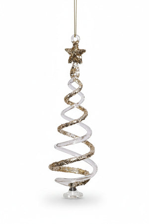 A large 7-inch CLEAR TWISTED TREE DESIGN ORNAMENT made of clear glass with a spiral shape and a textured gold star on top.