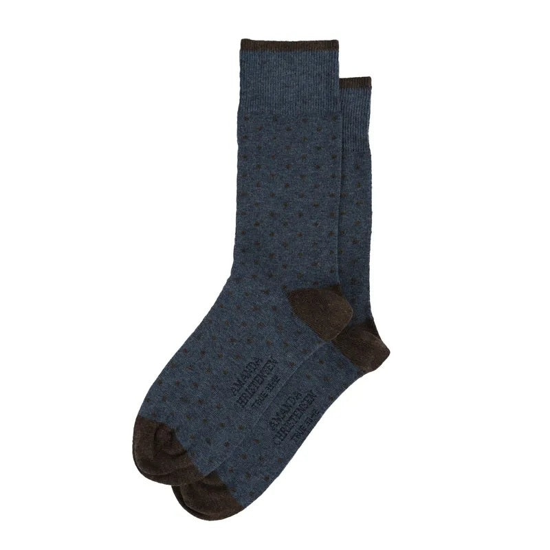AMANDA CHRISTENSEN - TRUE DOT MID-CALF SOCKS IN DARK BLUE MELANGE: a pair of dark blue mid-calf socks with a subtle dot pattern and brown accents at the toes, heels, and cuffs.