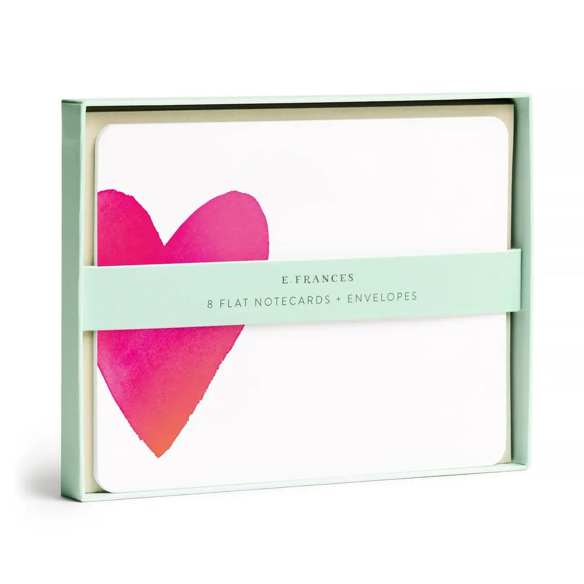 E. FRANCES BIG HEART FLAT NOTES by E. FRANCES PAPER: A boxed set of 8 flat note cards with large pink watercolor hearts and matching envelopes, packaged with a mint green band. Made in the USA.